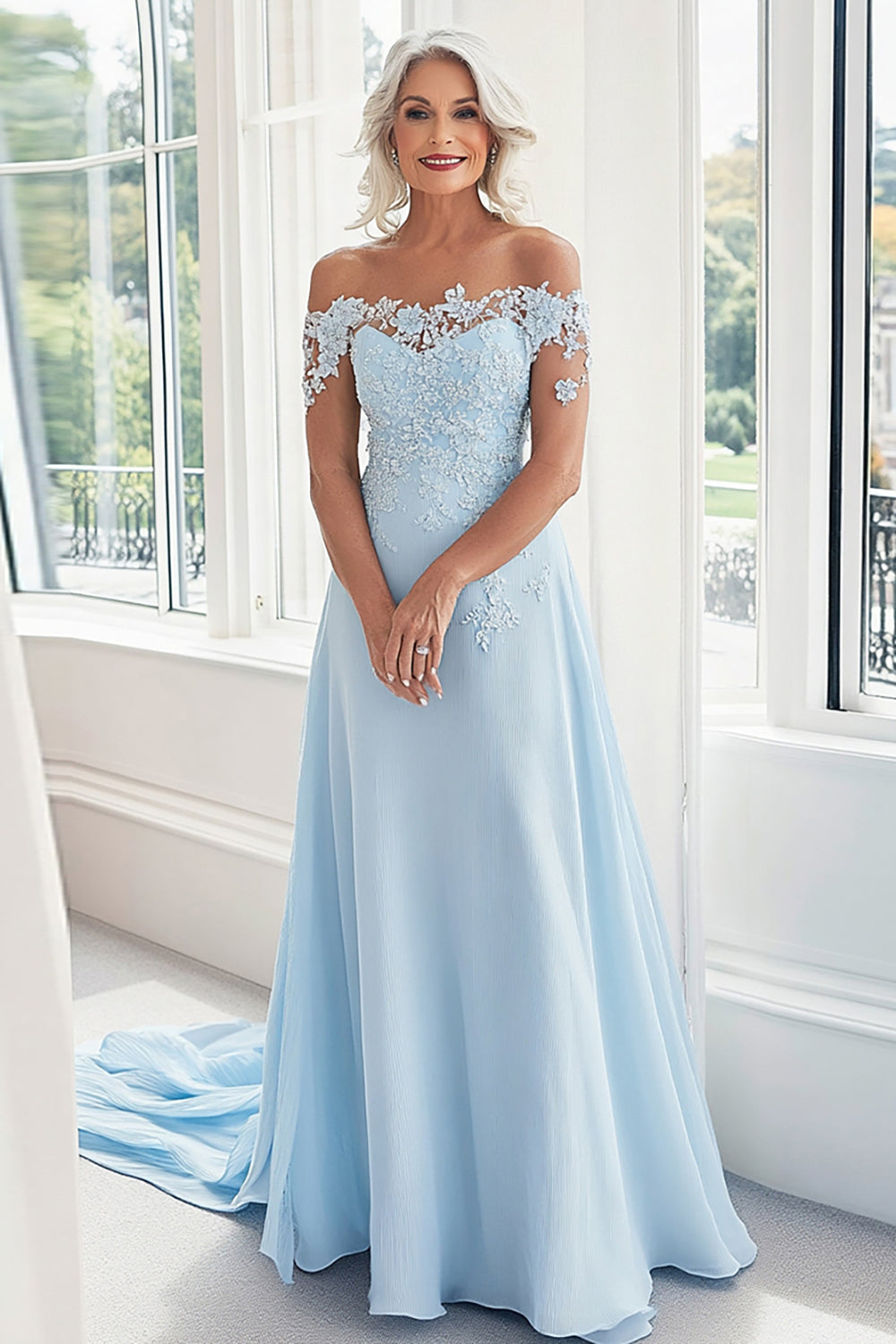Sky Blue Linia Off The Shoulder Koronkowe Aplikacje Sukienka Matki Panny Młodej