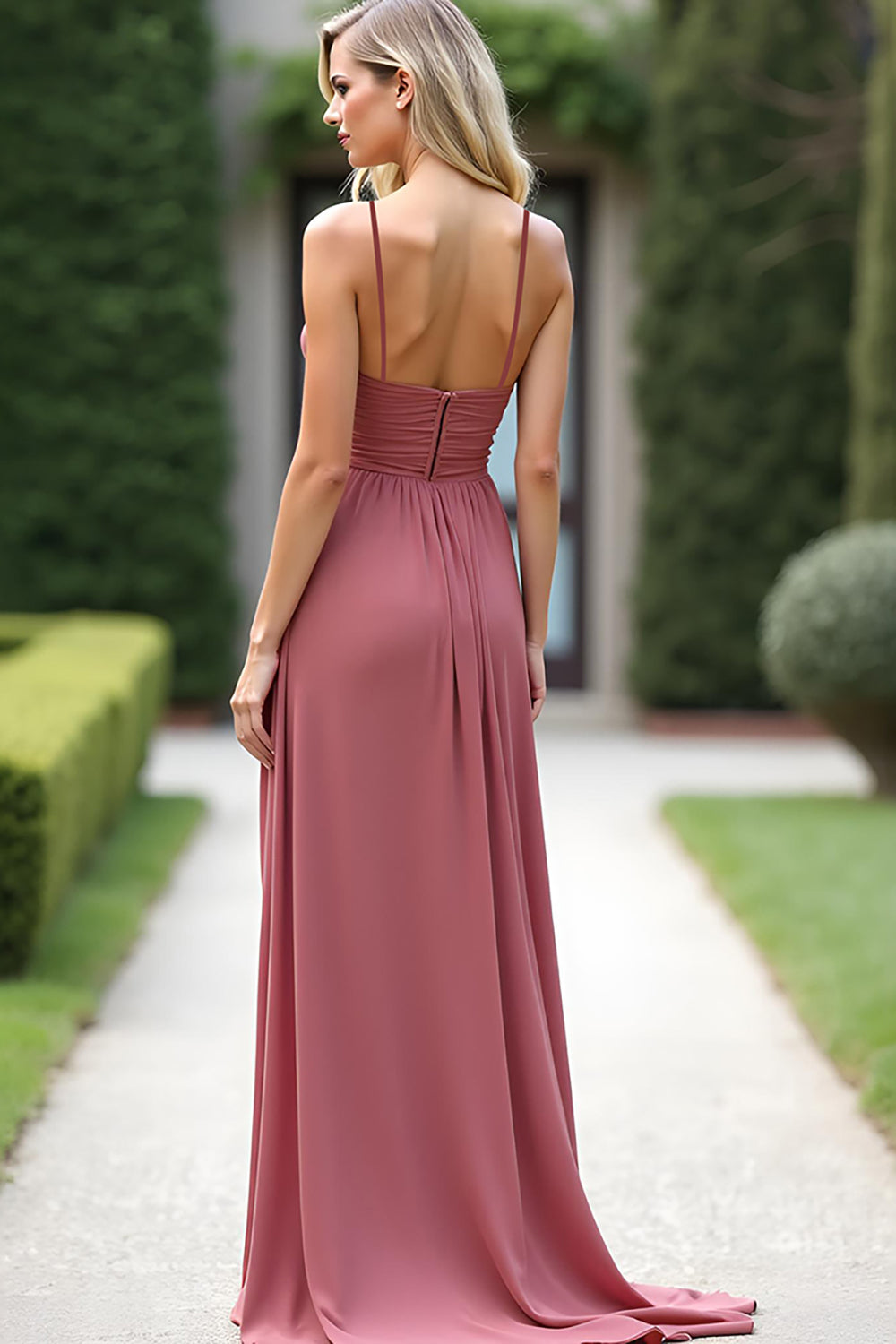 Szyfonowe ramiączka spaghetti Dusty Rose Długa sukienka dla druhen z rozcięciem