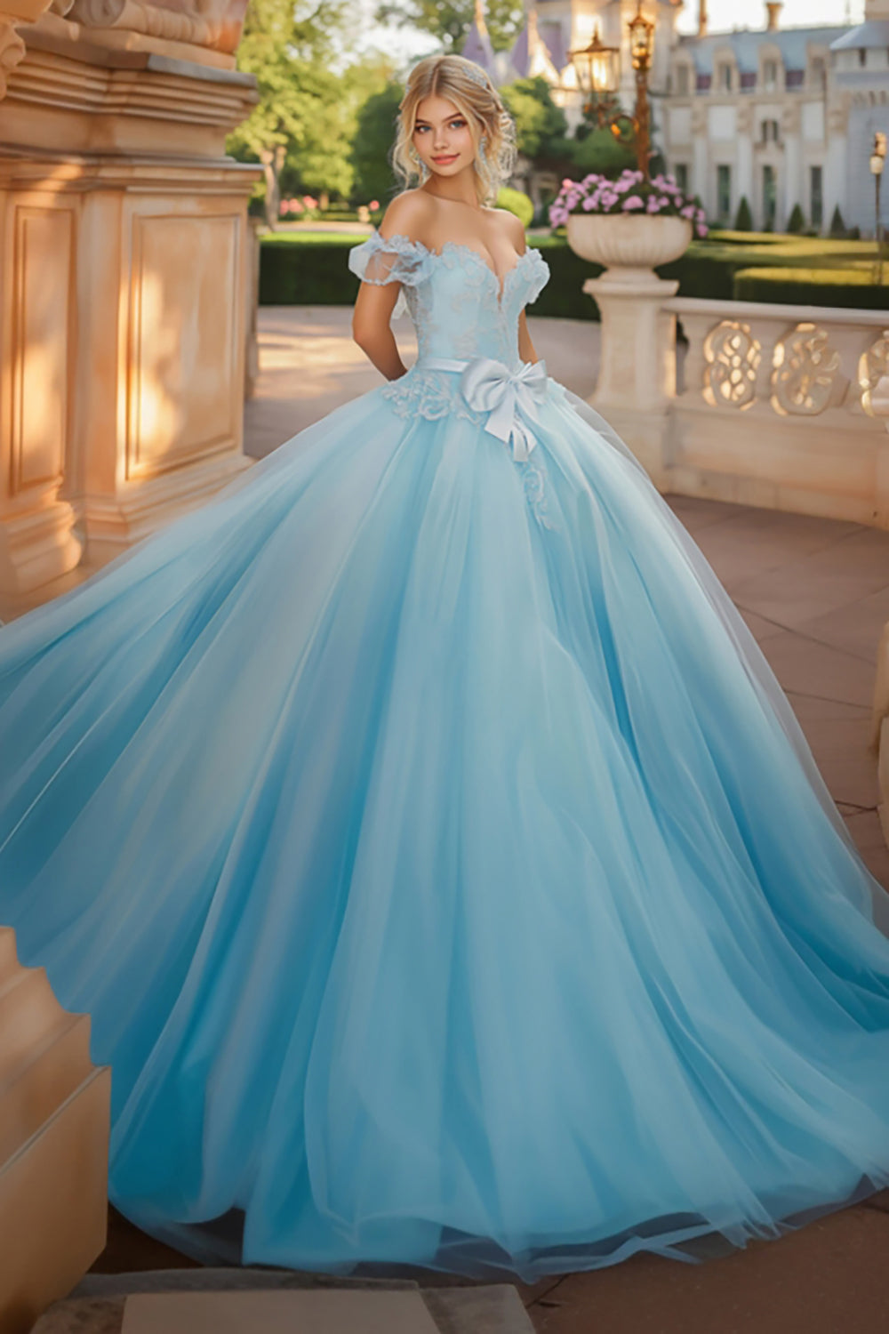 Księżniczka Sky Blue Suknia Balowa Z Odkrytymi Ramionami Tiulowe Koronkowe Aplikacje Sukienka Quinceanera Z Kokardą