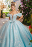 Księżniczka Sky Blue Suknia Balowa Off Off Shoulder Sznurowane Aplikacje Z Przodu Tiulowa Sukienka Quinceanera z kokardą