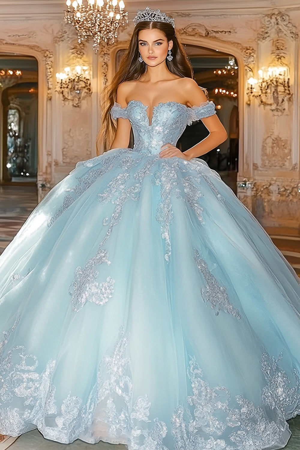 Księżniczka Sky Blue Suknia Balowa Z Odkrytymi Ramionami Tiulowa Sukienka Quinceanera Z Aplikacjami
