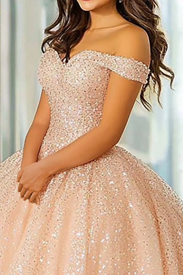 Brokatowa suknia balowa Szampan Off The Shoulder Koronkowa sukienka z aplikacjami Quinceanera
