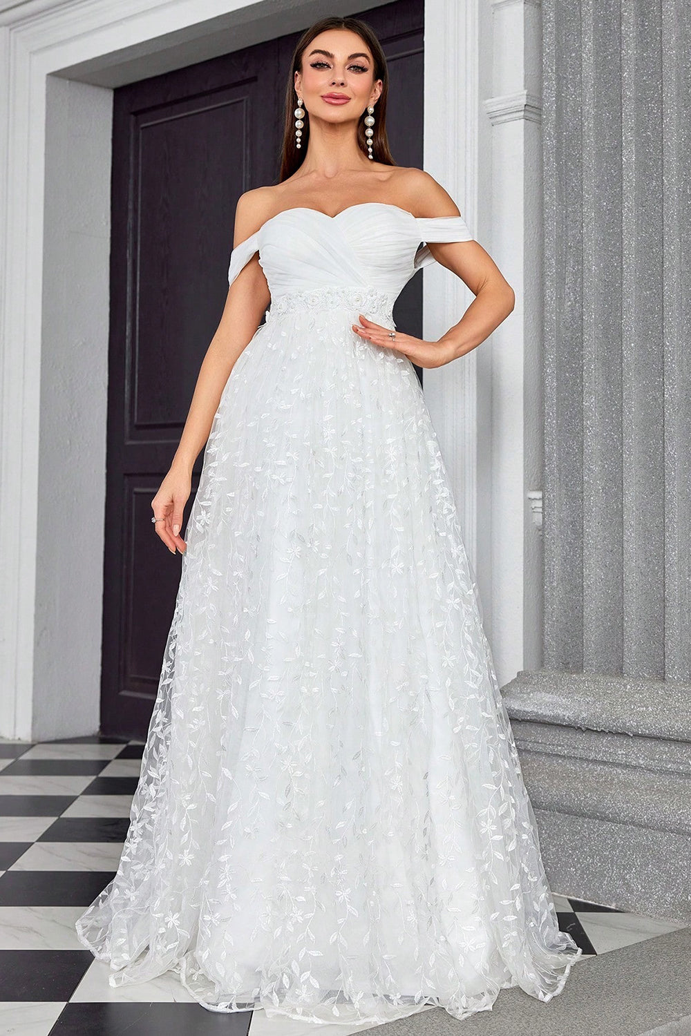 Off The Shoulder Linia Kość Słoniowa Kochanie Długa Suknia Ślubna