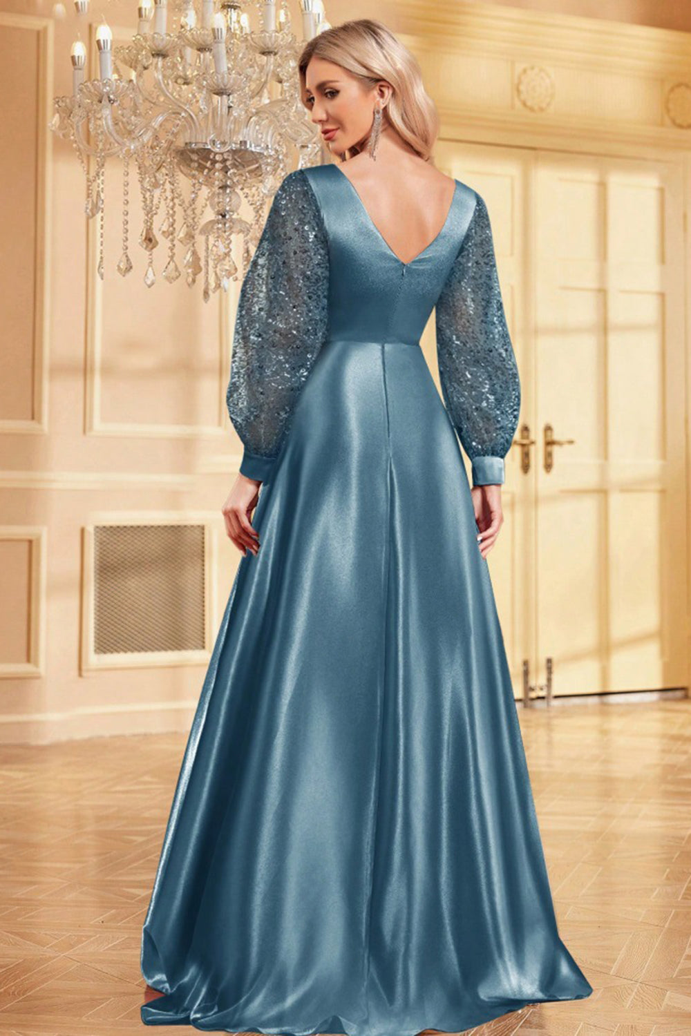 Granatowy Cekinowy Długie Rękawy Linia Sukienka Dla Matki Panny Młodej