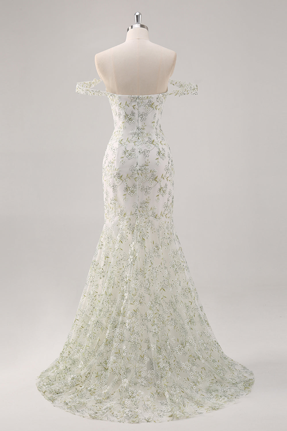 Syrenka Biały Zielony Kwiat Z Odkrytymi Ramionami Długa Sukienka Na Studniówkę
