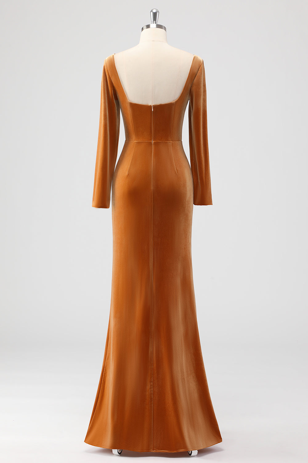 Brązowa płaszczowa aksamitna aksamitna sukienka z długimi rękawami z kwadratowym dekoltem