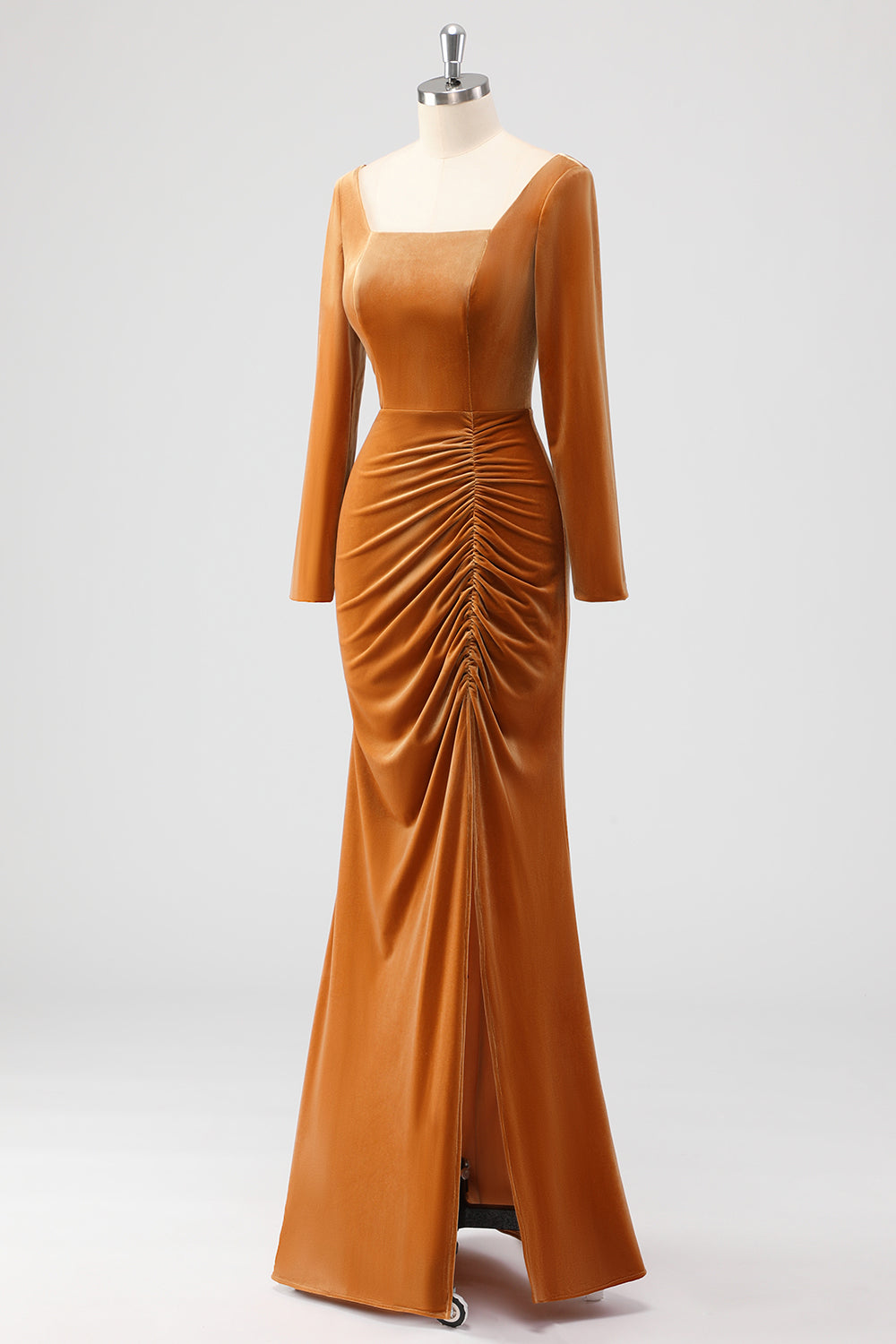 Brązowa płaszczowa aksamitna aksamitna sukienka z długimi rękawami z kwadratowym dekoltem