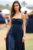 Granatowe Ramiączka Spaghetti Długa Sukienka Dla Gości Weselnych