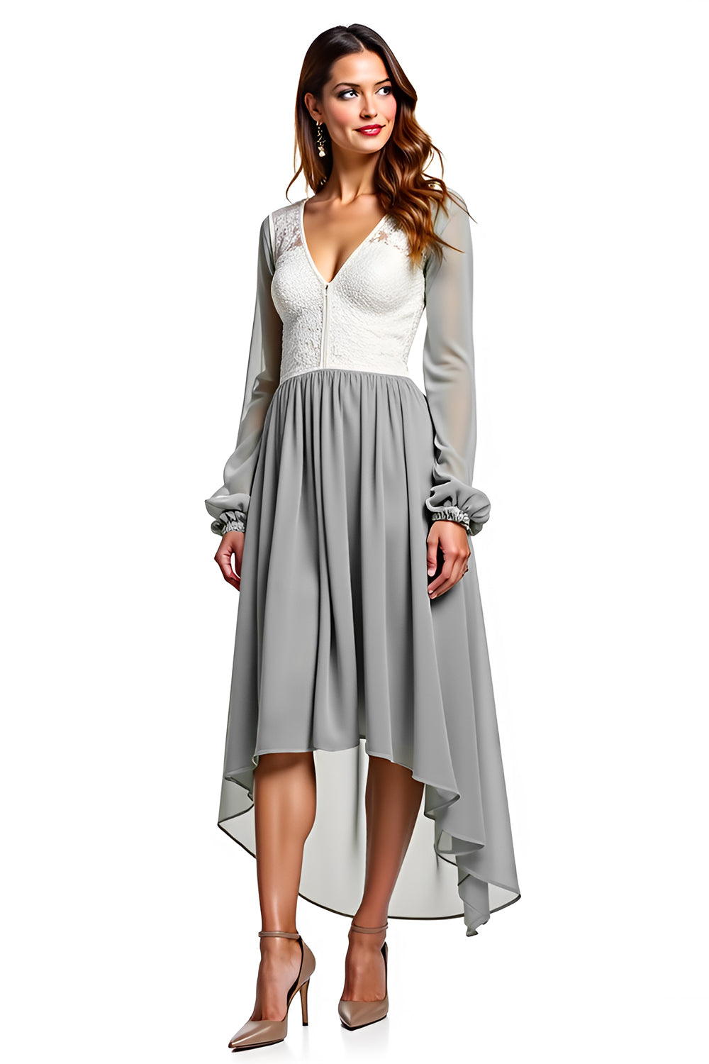 Srebrna kość słoniowa dekolt w szpic z długim rękawem szyfonowa długa sukienka dla druhen