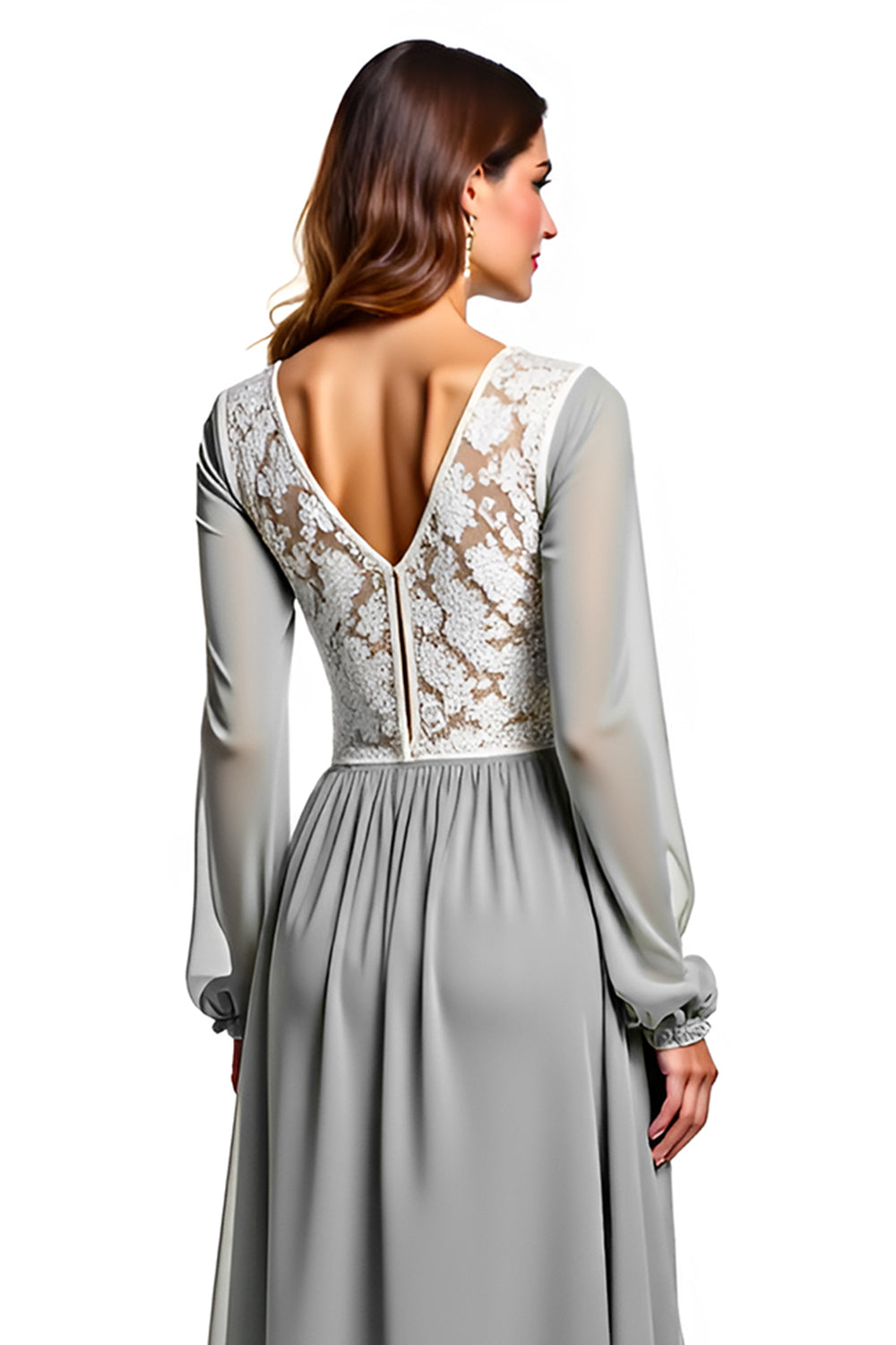 Srebrna kość słoniowa dekolt w szpic z długim rękawem szyfonowa długa sukienka dla druhen