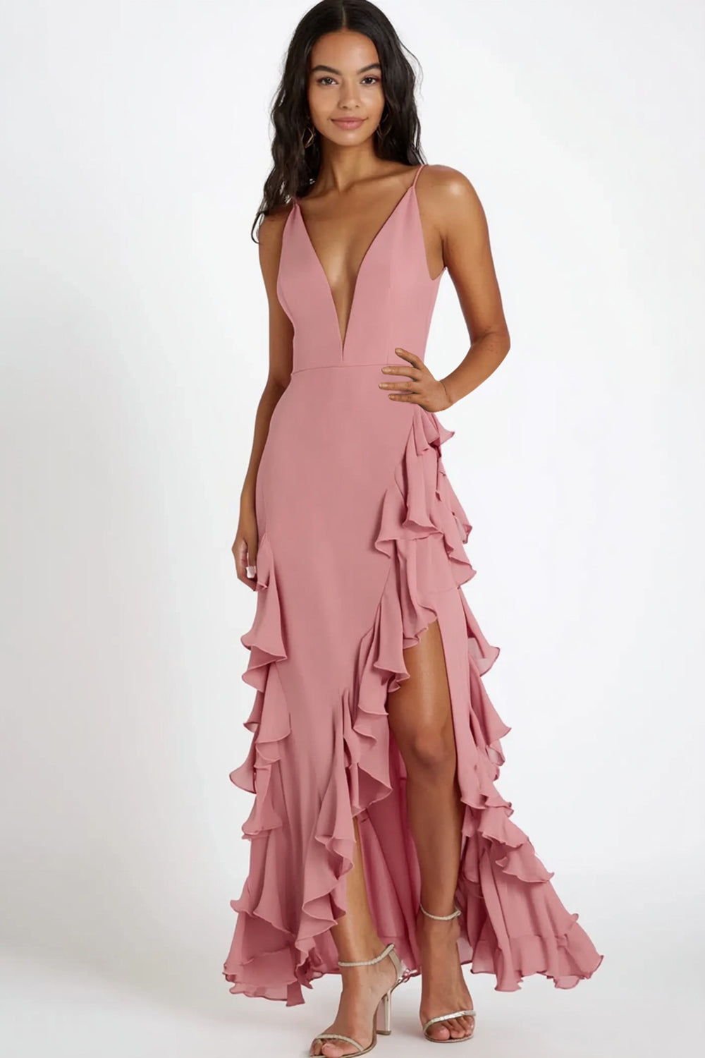 Różowa szyfonowa ramiączka spaghetti falbany długa formalna sukienka z rozcięciem