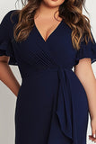 Syrenka Granatowy Plisowany Plus Size Długa Sukienki Na Wesele Z Rozcięciem