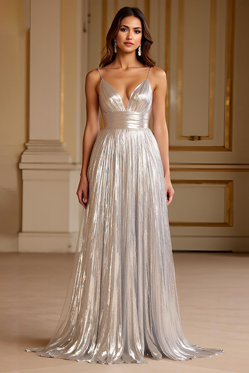 Srebrna Kształcie Litery A Satynowe Plisowana Długa Sukienki Wizytowe