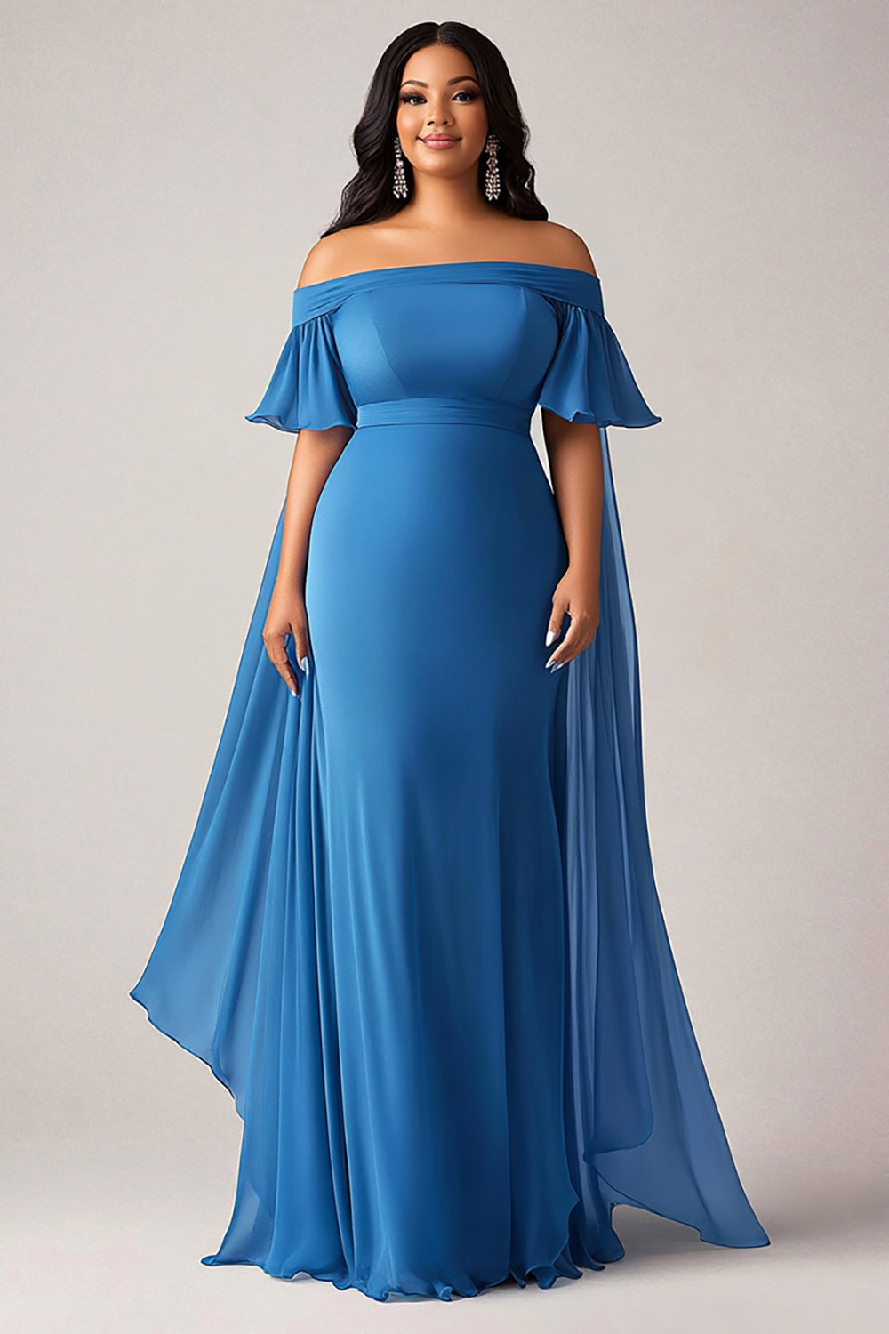 Niebieski Odkrytymi Ramionami Szyfon Plus Size Długa Sukienki Na Wesele