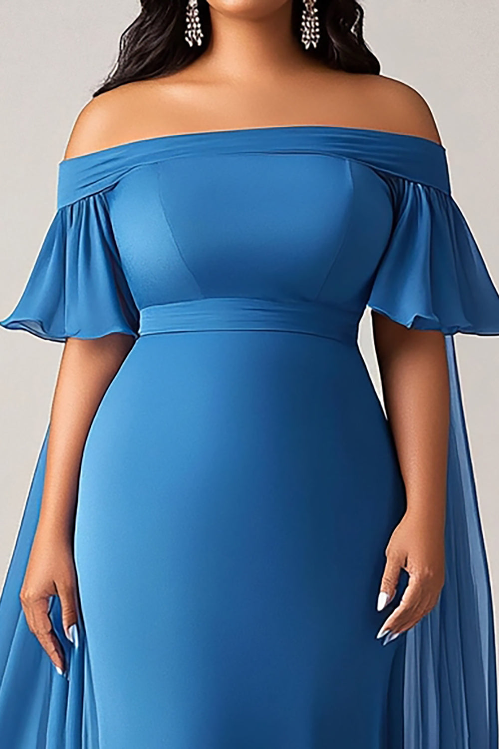 Niebieski Odkrytymi Ramionami Szyfon Plus Size Długa Sukienki Na Wesele