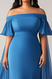 Niebieski Odkrytymi Ramionami Szyfon Plus Size Długa Sukienki Na Wesele