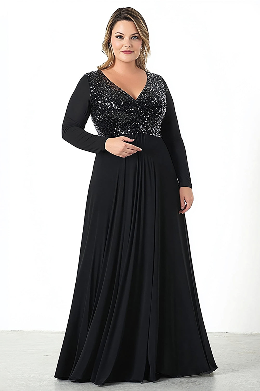 Błyszcząca Czarny Szyfon Plus Size Długa Sukienka Na Wesele z Koralikami