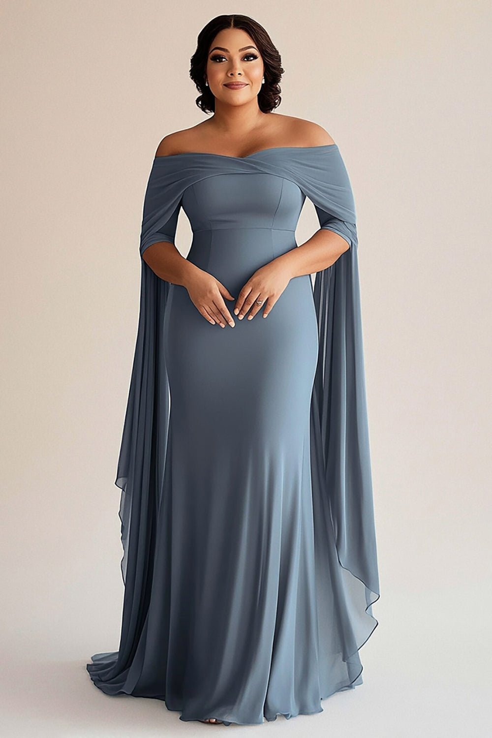 Szary Niebieski Odkrytymi Ramionami Szyfon Plus Size Długa Sukienka Na Wesele
