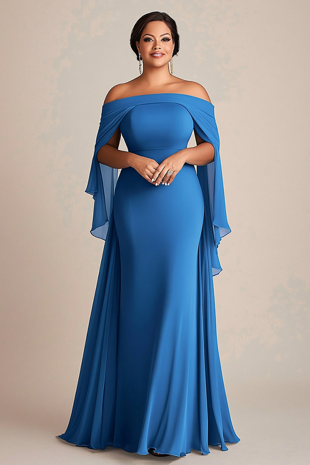 Niebieski Szyfon Plus Size Długa Sukienka Na Wesele z Odkrytymi Ramionami