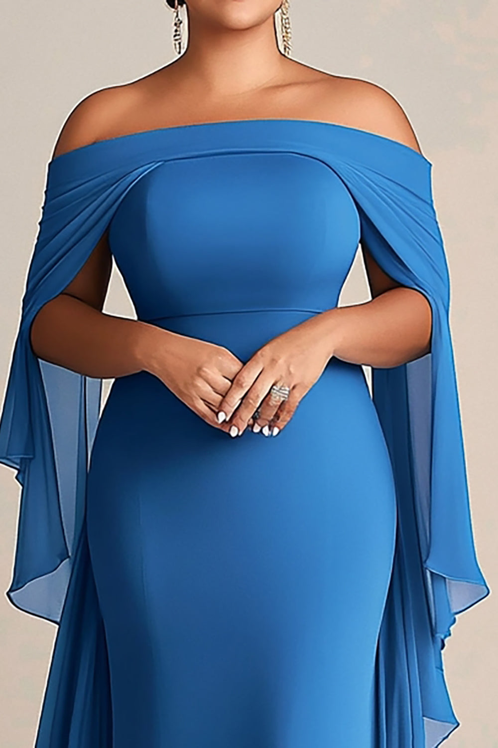 Niebieski Szyfon Plus Size Długa Sukienka Na Wesele z Odkrytymi Ramionami