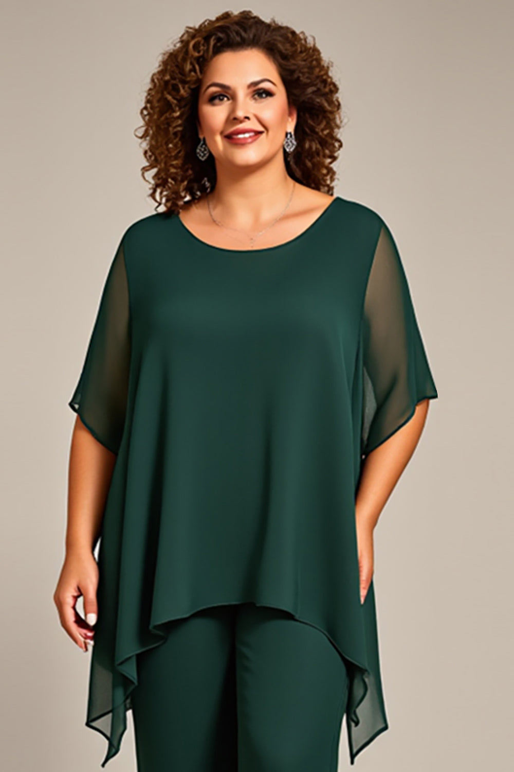 Sosna Szyfon Plus Size Dwuczęściowy Garnitur Spodniowy z Pół Rękawy