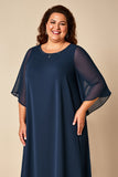 Granatowa Szyfon Plus Size Długa Sukienki Na Wesele z Rękawy