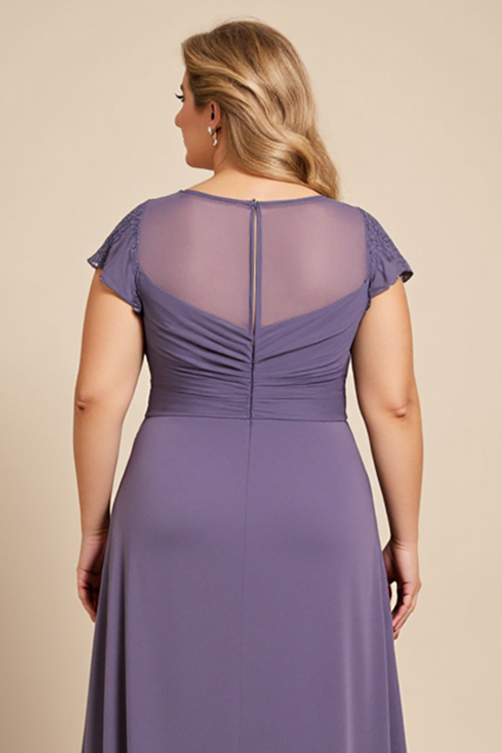 Szary Fioletowy Plus Size Kształcie Litery A Szyfon Długa Sukienki Na Wesele z Krótkie Rękawy