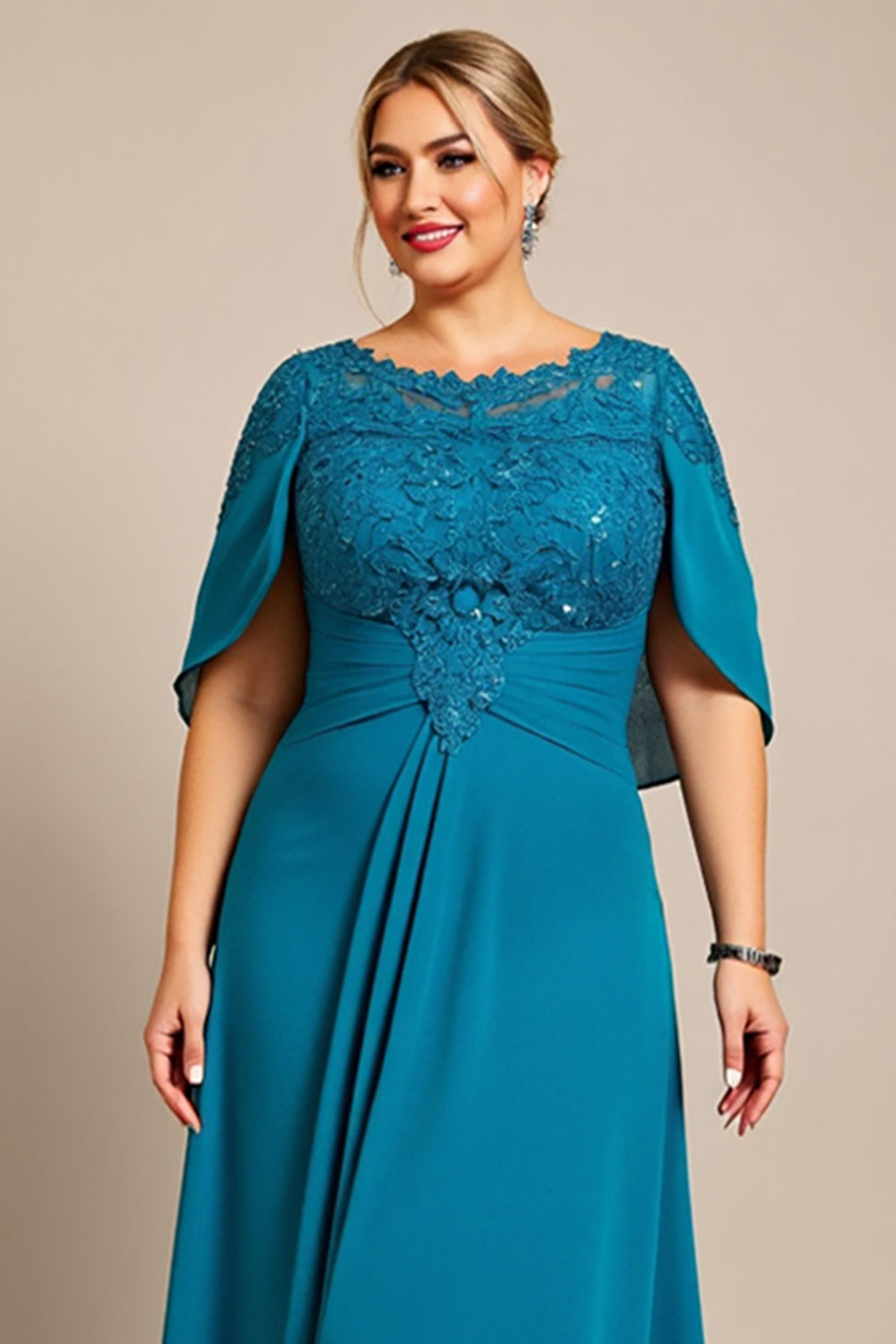 Paw Szyfon Plus Size Kształcie Litery A Długa Sukienka Na Wesele k z Koronki