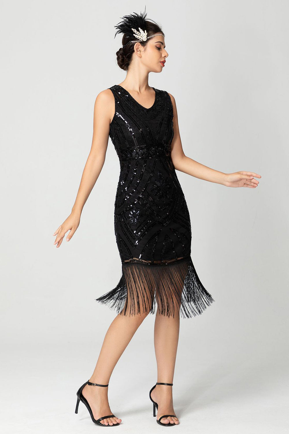 Płaszcz Z frędzlami Cekinowy Dekolt W Serek Bugundy 1920s Sukienka