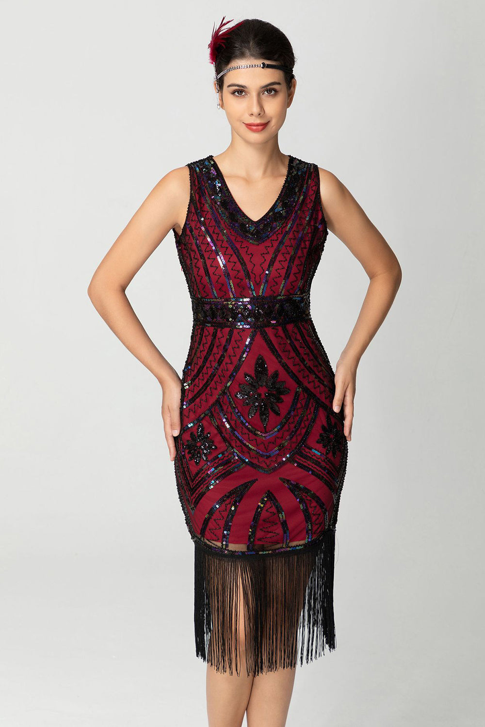 Płaszcz Z frędzlami Cekinowy Dekolt W Serek Bugundy 1920s Sukienka