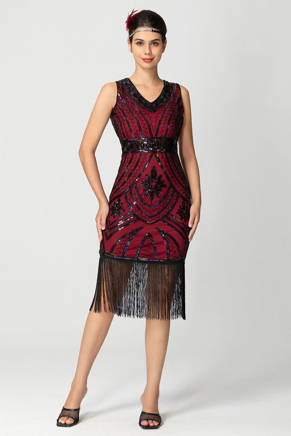 Płaszcz Z frędzlami Cekinowy Dekolt W Serek Bugundy 1920s Sukienka