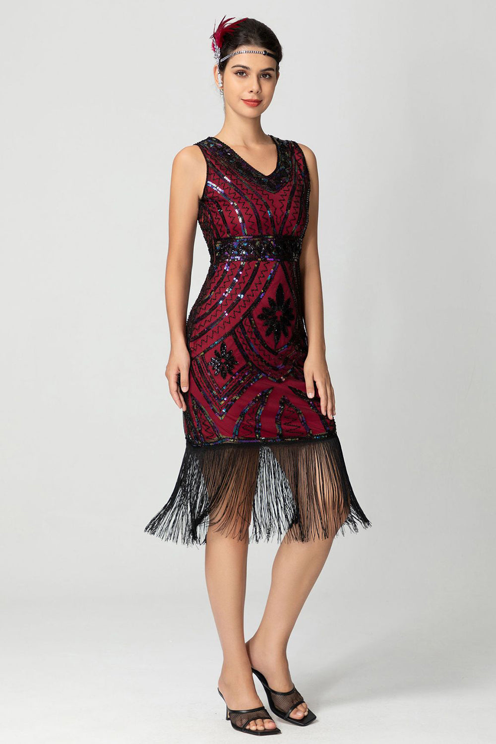 Płaszcz Z frędzlami Cekinowy Dekolt W Serek Bugundy 1920s Sukienka