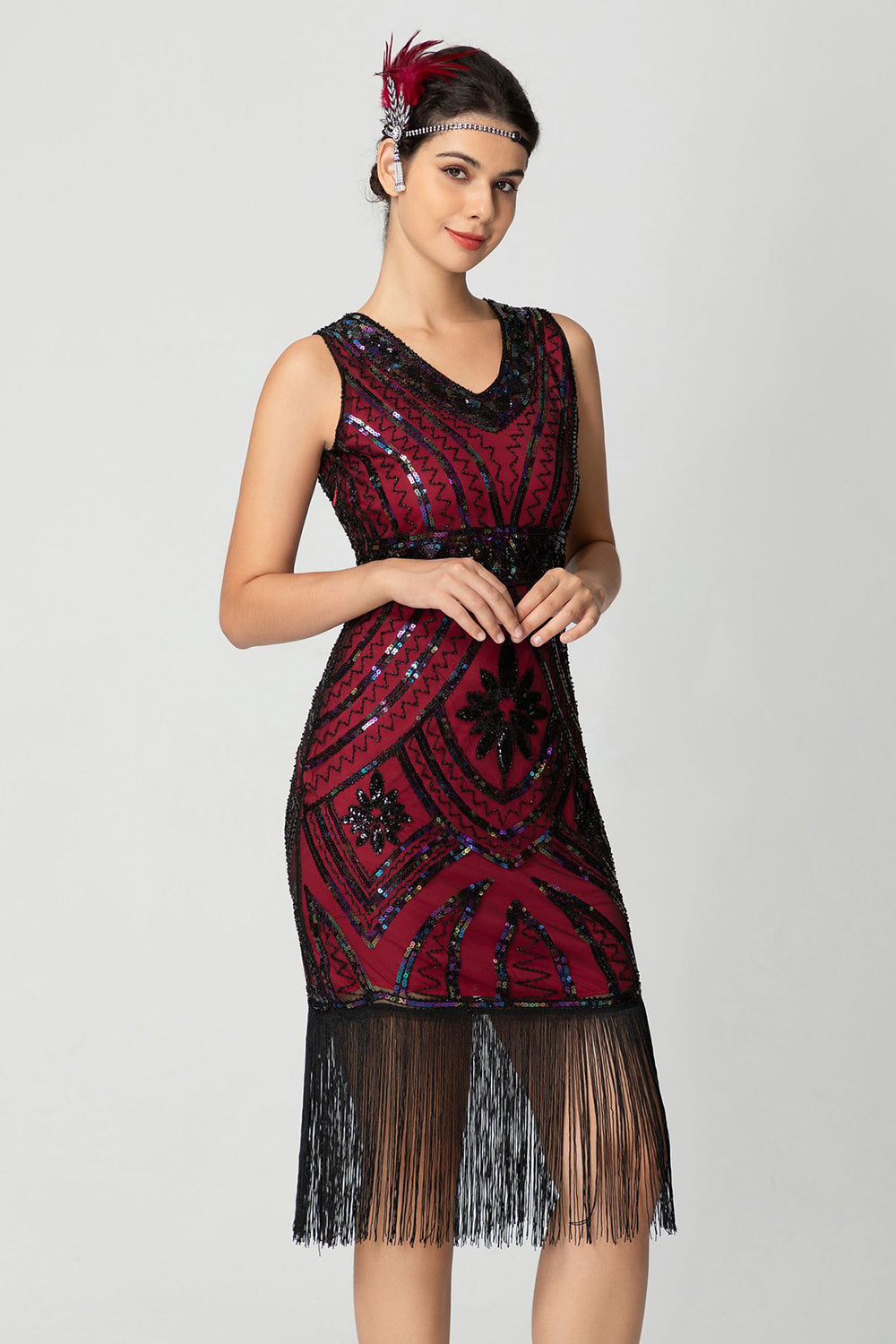 Płaszcz Z frędzlami Cekinowy Dekolt W Serek Bugundy 1920s Sukienka