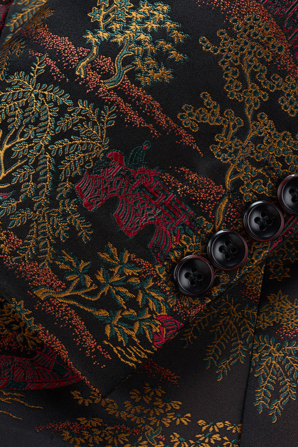 Brązowa dopasowana męska marynarka z klapami w kwiaty z wycięciem