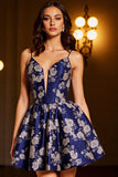 Granatowa kwiatowa krótka sukienka na ramiączkach Spaghetti na ramiączkach powrotu do domu