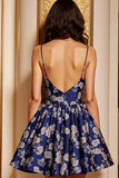 Granatowa kwiatowa krótka sukienka na ramiączkach Spaghetti na ramiączkach powrotu do domu
