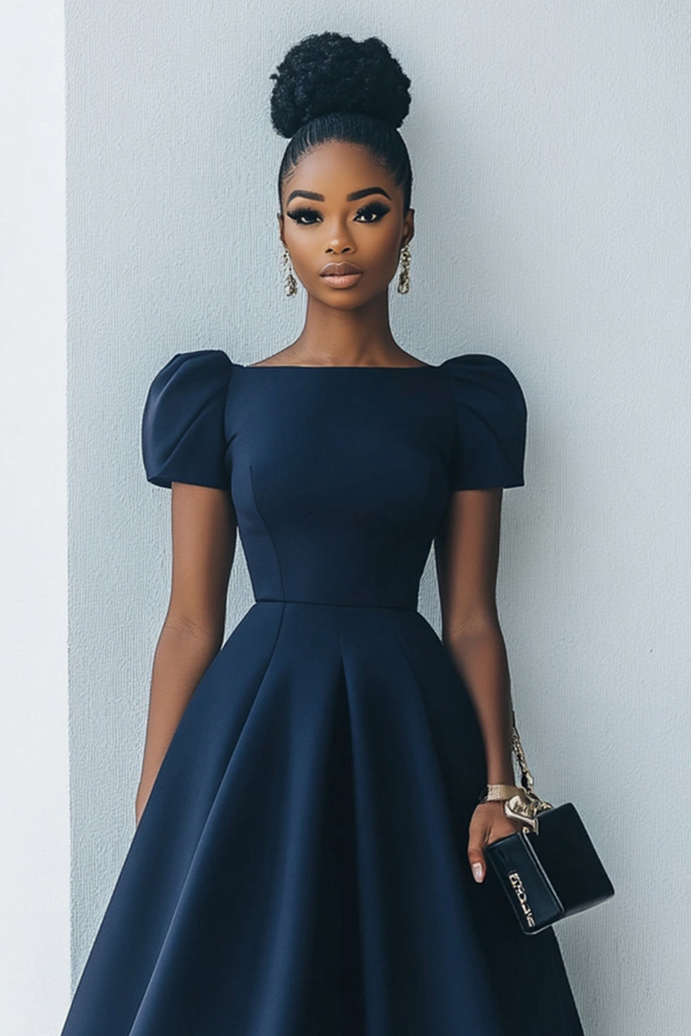 Granatowa sukienka robocza midi z krótkimi rękawami