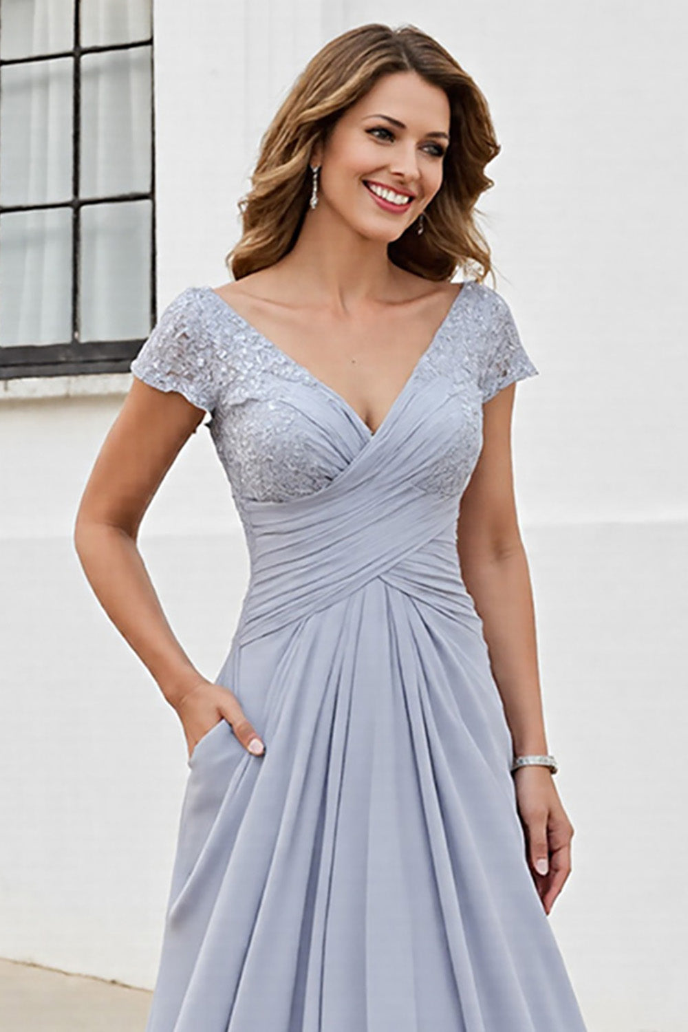 Srebrny dekolt w szpic z ruched linią sukienka dla matki panny młodej