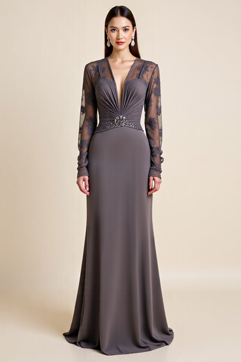 Stalowa Szara Z Koralikami Długa Rękaw Sukienka Dla Matki Panny Młodej