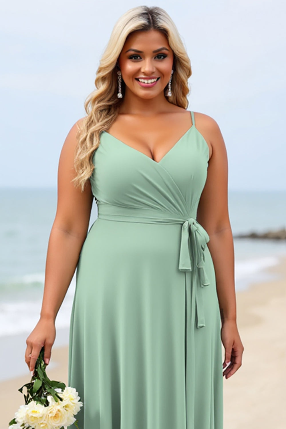 Szałwiowa zieleń Plus Size Szyfonowe ramiączka Spaghetti Długa sukienka dla druhny