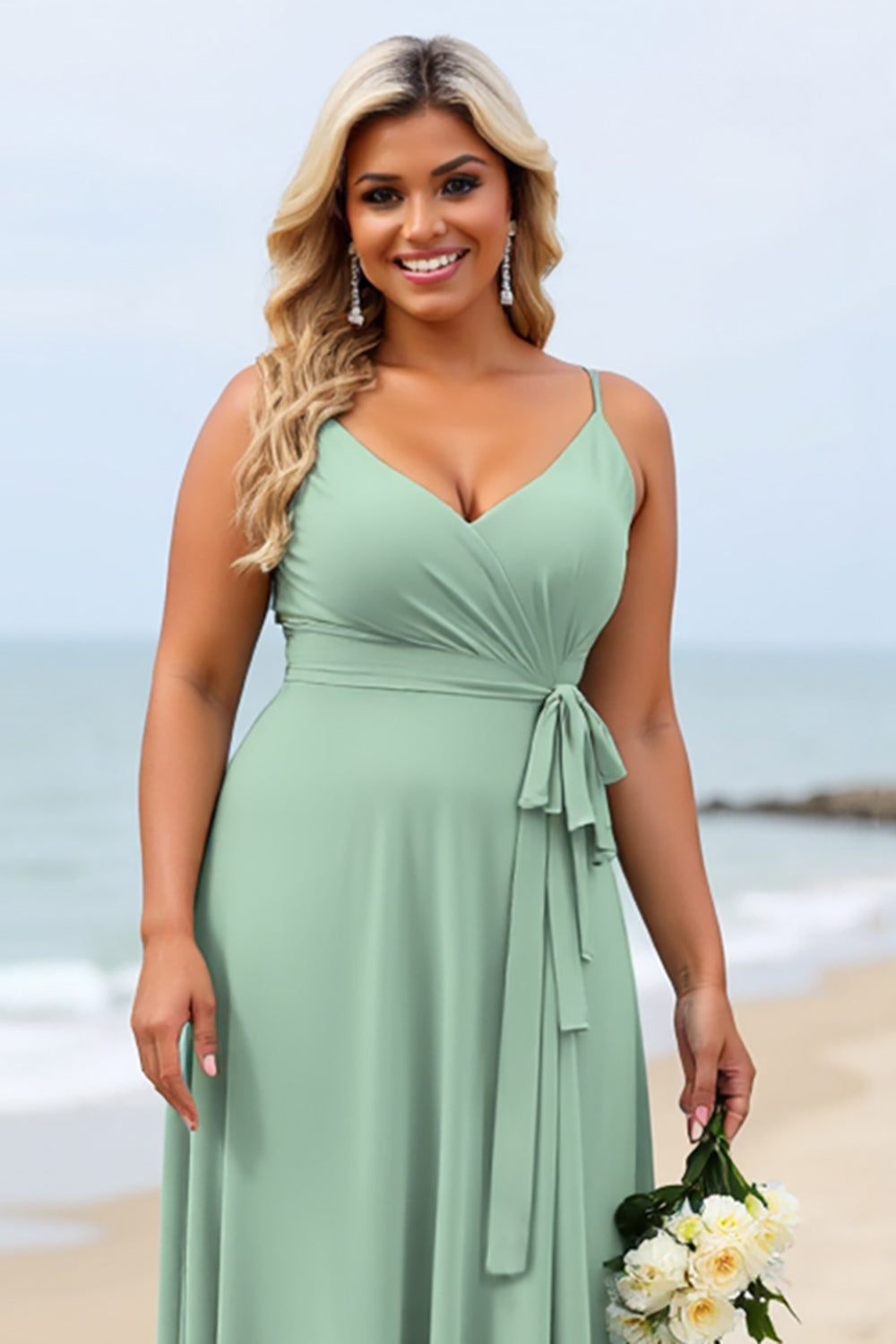Szałwiowa zieleń Plus Size Szyfonowe ramiączka Spaghetti Długa sukienka dla druhny