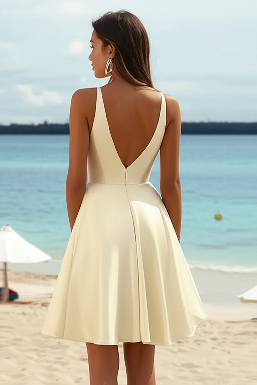 Jasnożółty Dekolt V Satynowe Krótki Boho Sukienka na Półmetek