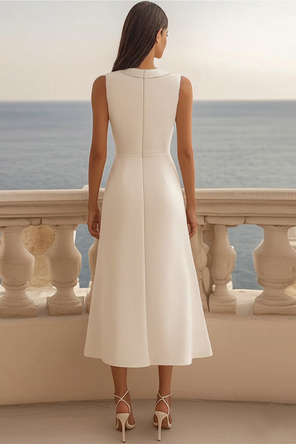 Satynowa sukienka do pracy Midi z rozcięciem w kolorze kości słoniowej