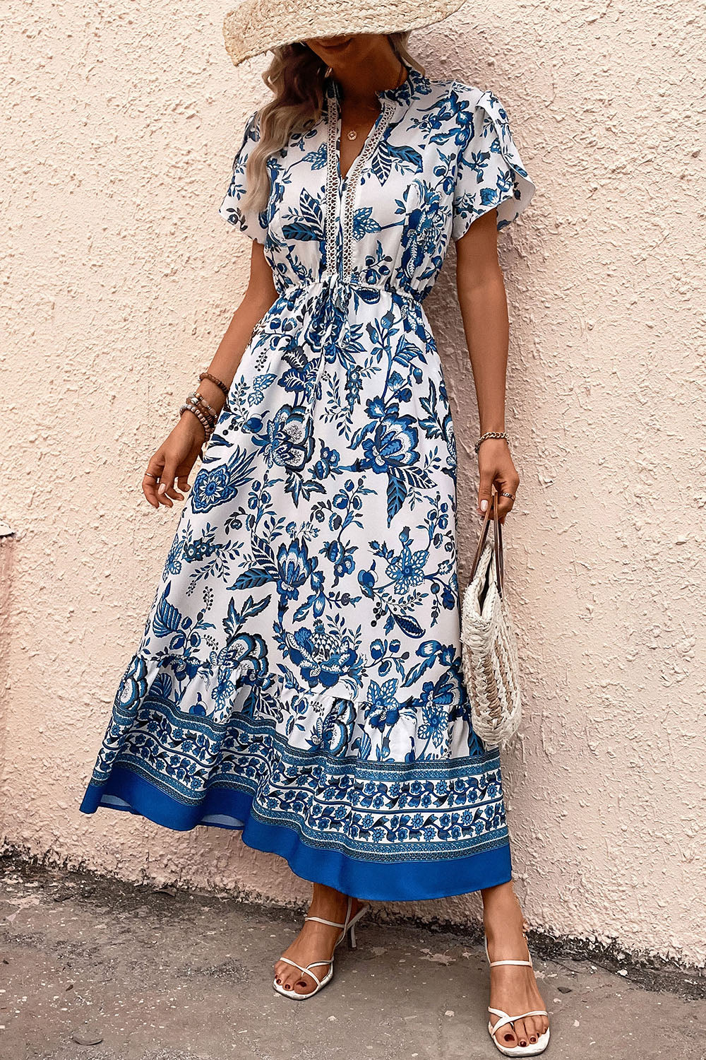 Biało-niebieska letnia sukienka w kwiaty A Line z krótkimi rękawami