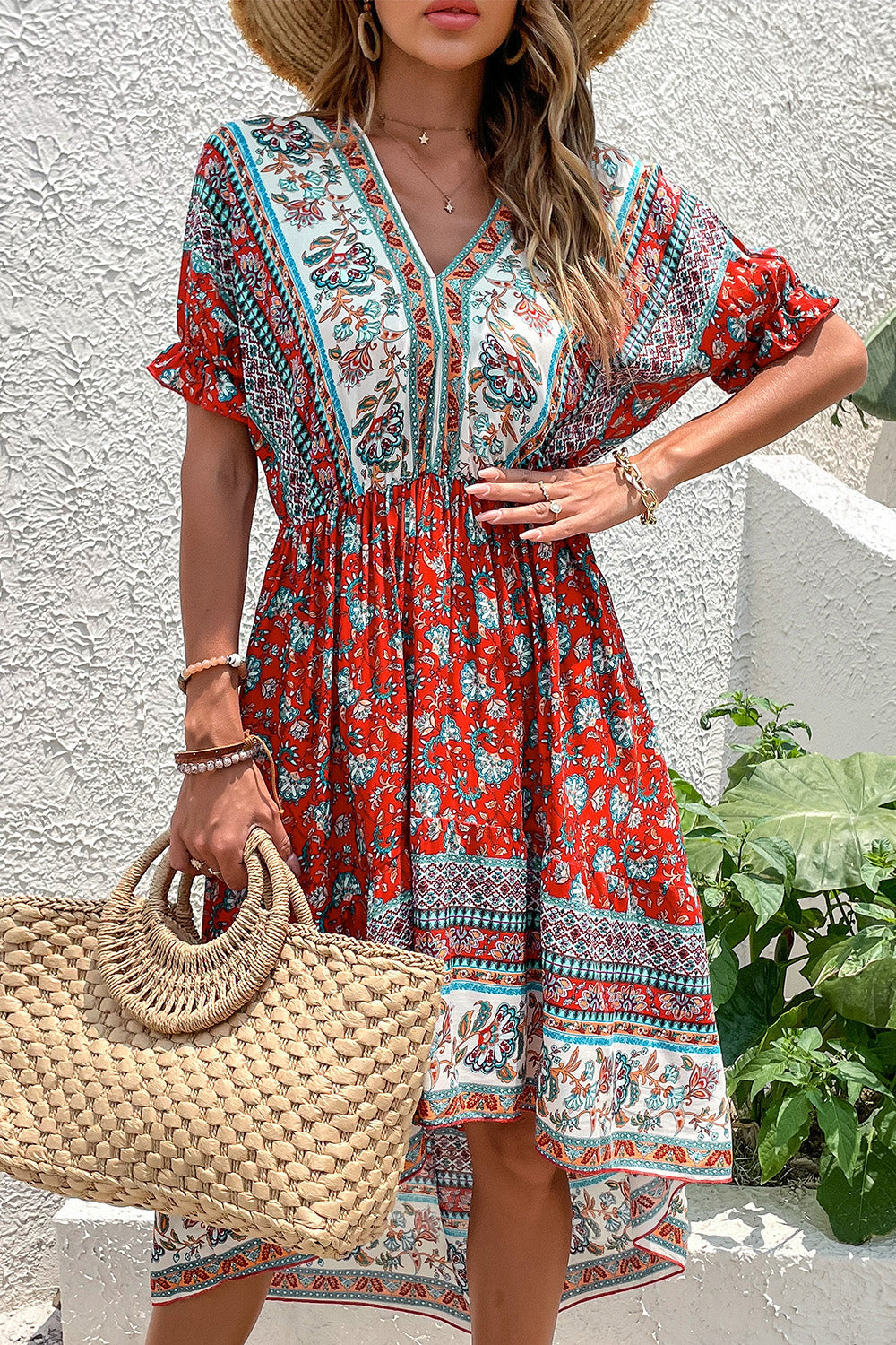 Czerwona letnia sukienka z nadrukiem A Line V Neck
