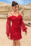Gorset Cold Shoulder Bodycon Czerwona Sukienka Koktajlowa Z Koralikami