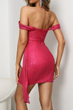 Gorąca różowa cekiny błyszcząca krótka sukienka z odkrytymi ramionami