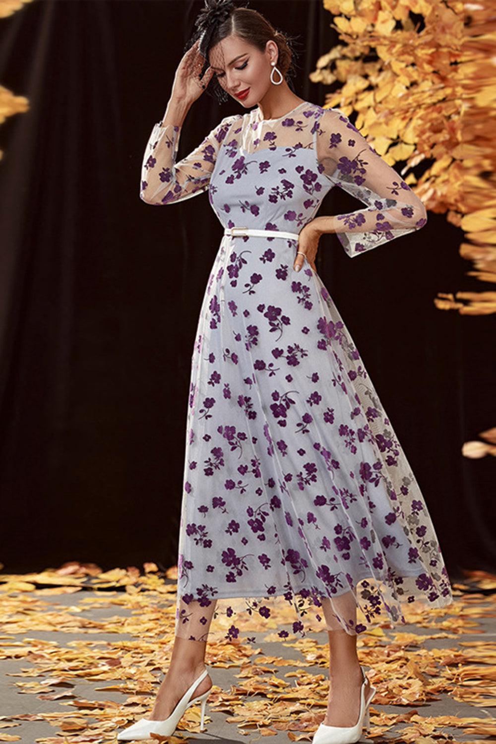 Sukienka matki panny młodej Sliver A Line Tea Length z długimi rękawami