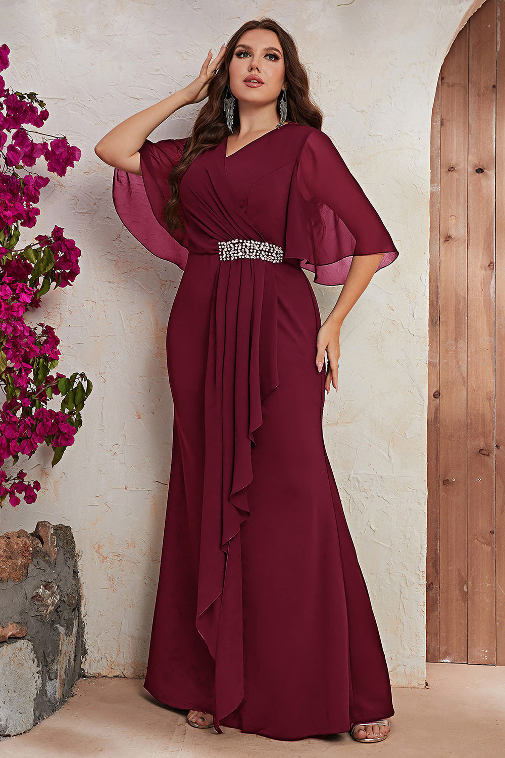 Czarny Plus Size Szyfon Osłona Długa Sukienki Na Wesele z Pół Rękawy