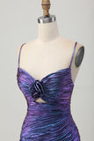 Metaliczna niebiesko-fioletowa sukienka z wycięciem bodycon z falbankami